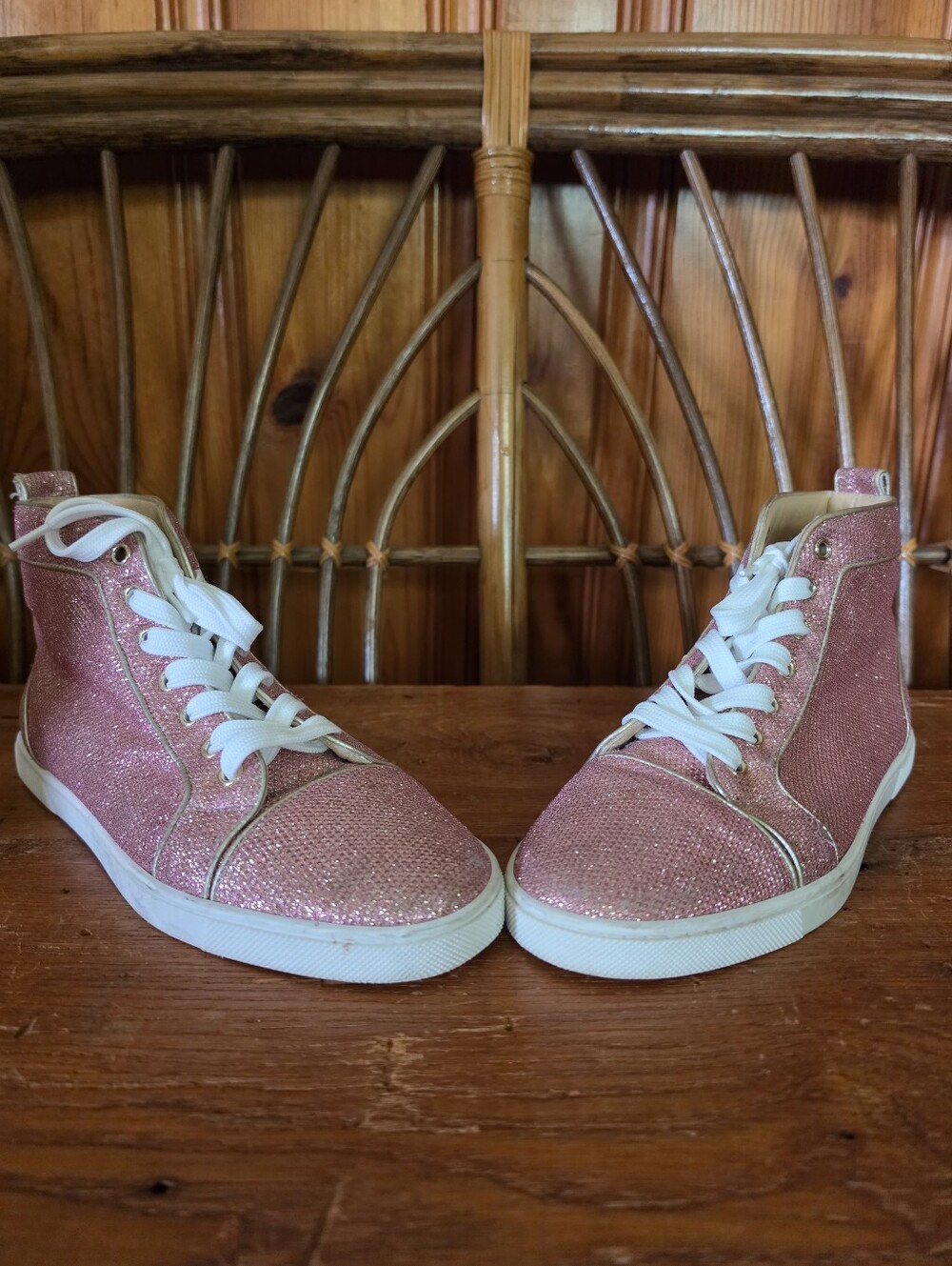 Christian Louboutin Sparkly Pink High Top Sneakers with Hot Pink Laces - Picture 11 of 16